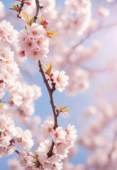 Fototapeta premium Sakura. Branches with pink flowers on a plain background for publications.