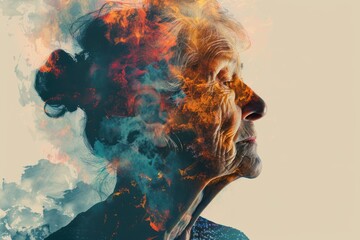 Abstract illustration of senior woman with dementia alzheimers mental disorder, degenerative disease
