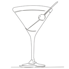 One continuous single drawn line art doodle glass, alcohol, beverage, vermouth, cocktail. isolated image hand-drawn outline on white background.