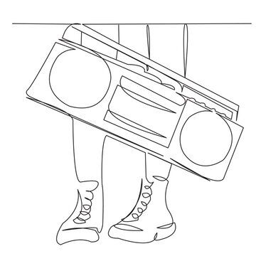 recommend clip art: one break single drawn line art doom boombox, shoe, music, retro, style. isolated image hand-drawn outline on white background.