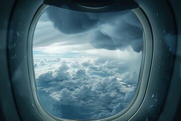 Fototapeta premium Airplane Window View Amidst a Storm - Thunderstorm, Rain, and Turbulence Evoke Fear