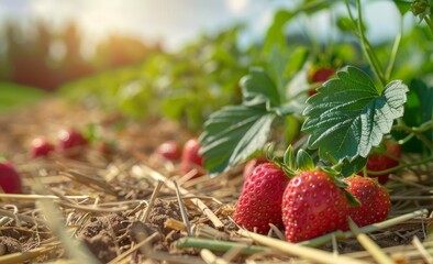 Close-up of ripe strawberries growing on plants with sunlight