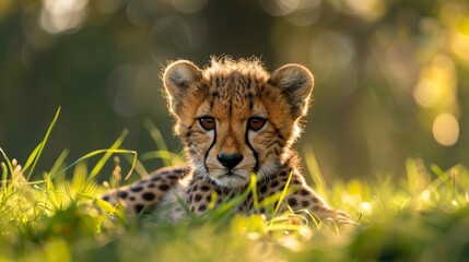 A baby cheetah lying in the grass, morning light