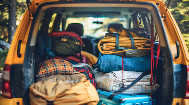 A red SUV with roof rack filled with tent, sleeping bags, and coolers on road trip.