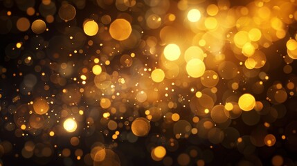 Soft golden orbs float in a dark space, creating an abstract luxurious bokeh effect that evokes a sense of elegance and warmth