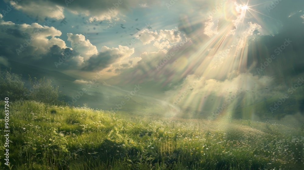 Poster light rays break through the clouds above a tranquil landscape, illuminating the lush greenery below