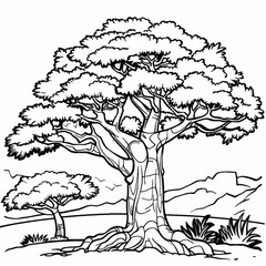 Obraz premium Black and white line art illustration of a large tree with a smaller tree in the background, capturing nature's beauty.