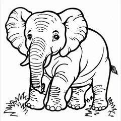 Obraz premium Black and white line art illustration of a cute elephant standing on grass, showcasing detailed features and playful expression.