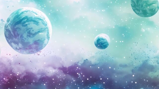 A whimsical watercolor painting depicting three planets in a cosmic landscape. The planets are surrounded by a swirling nebula of purple and blue hues.