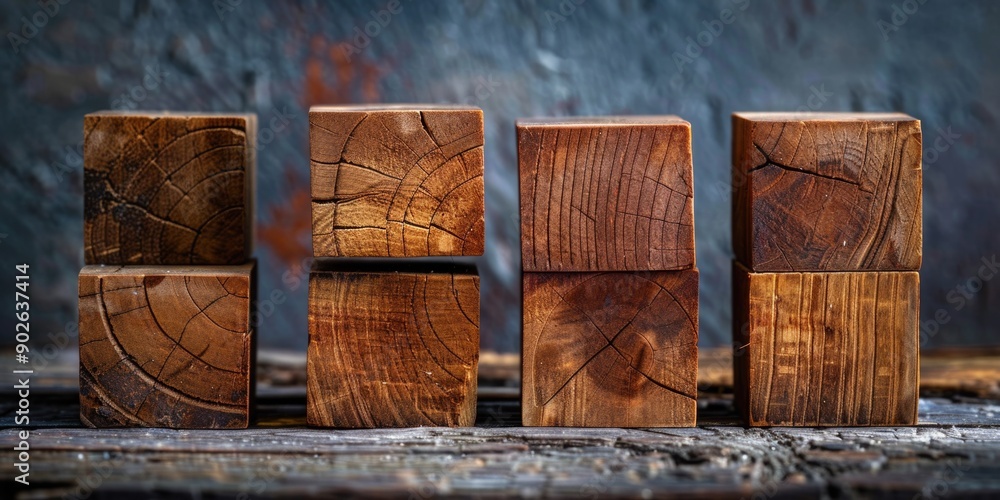 Aufkleber a row of wooden blocks with a grey background. the blocks are stacked in a row and are of different 