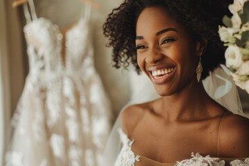 black woman trying on wedding dress. Happy bride excited smile for wedding, happiness and marriage