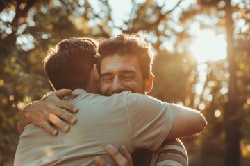 bright sunny image Two man friends in therapy hug each other. Happy friends hugging