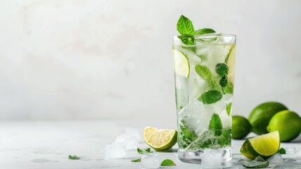 Refreshing drink with lime, mint, and ice in tall glass
