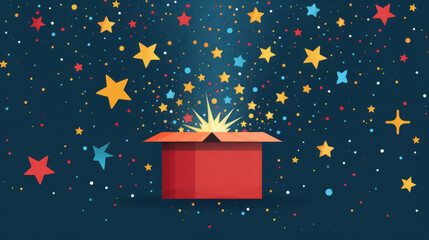 Illustration of a red gift box with colorful stars and sparkles bursting out against a dark background, symbolizing surprise and celebration.