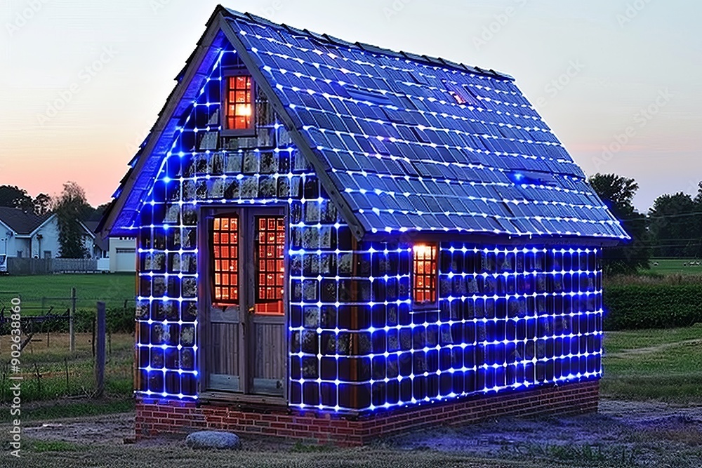 Aufkleber illuminated house adorned with blue led lights at dusk merging traditional architecture with modern 