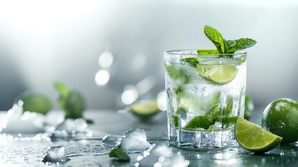 Refreshing cocktail with mint leaves, lime slices, and ice cubes in glass