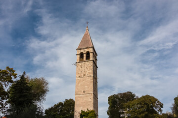 Bell tower of the Chapel of the Holy Arnir in historic centre in coastal town of Split in Dalmatia, Southern Croatia, Europe. Tourist destination. Mediterranean architecture in summer