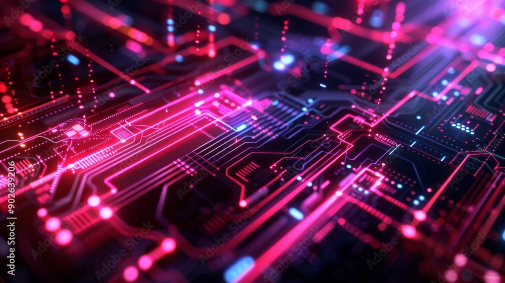 Poster a vibrant digital interface glows with circuit patterns and neon lines, showcasing advanced technolo