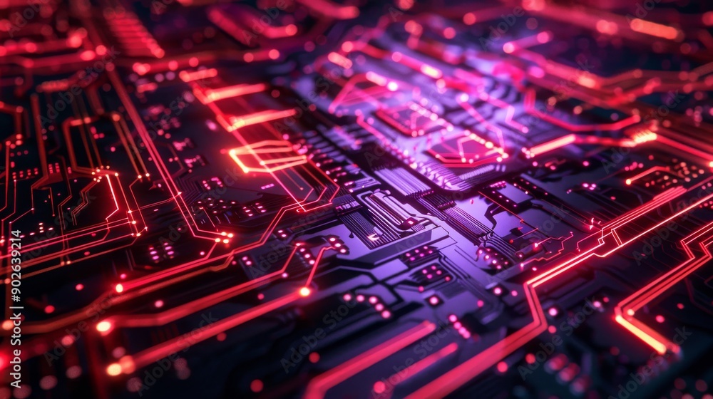 Poster a closeup features a futuristic digital interface showcasing glowing circuit patterns and vibrant ne