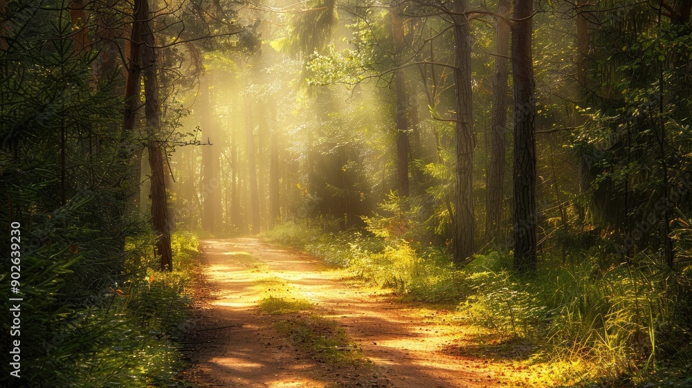 Aufkleber sunlight filters through serene forest path, illuminating lush greenery and creating tranquil atmosp