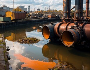 Concetto di inquinamento industriale e delle acque ,  acque sporche e tossiche riversate in fiumi e ruscelli