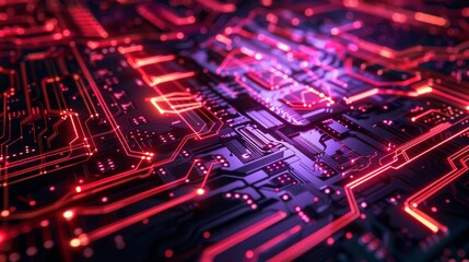 A closeup features a futuristic digital interface showcasing glowing circuit patterns and vibrant neon lines