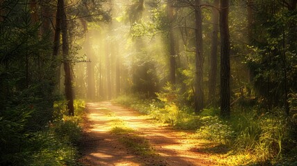 Naklejka premium Sunlight filters through serene forest path, illuminating lush greenery and creating tranquil atmosphere