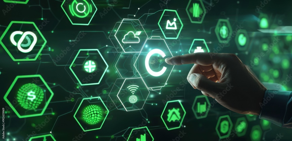 Poster digital technology background with an infinity symbol and green circular icons on hexagonal shapes, 