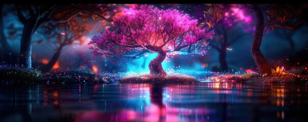 Obraz premium Mythical creatures in a magical forest with glowing flora, Fantasy, Vivid colors, Digital art