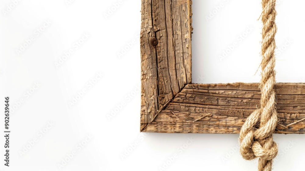 Poster A closeup view of a rustic wooden frame suspended by a jute rope on a pristine white background, creating a simple yet elegant display for empty spaces