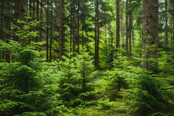 Fototapeta premium Close up Healthy green trees in a autumn forest of old spruce, fir and pine