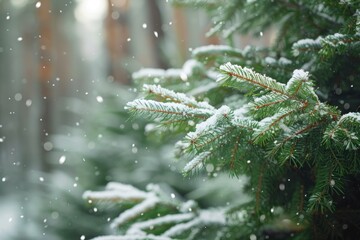 Close up Healthy green trees in a winter forest of old spruce, fir and pine