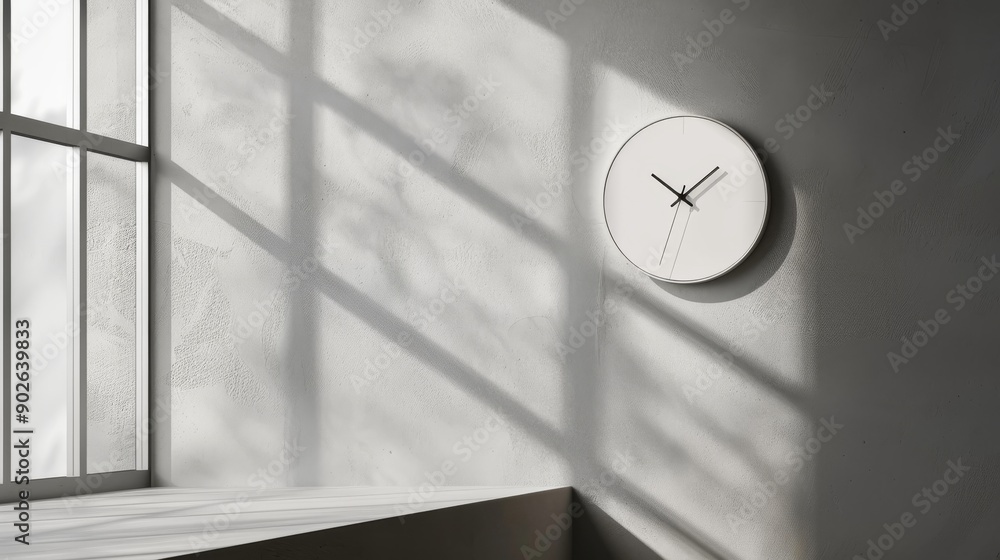 Poster a sleek modern wall clock is stylishly mounted on a minimalistic wall, benefiting from soft shadows 