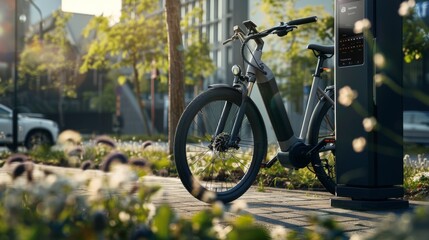 A modern electric bike is plugged into a cutting-edge charging station with a digital display, set amidst a flourishing urban landscape on a sunny day