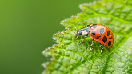 Fototapeta premium A small vibrant ladybug perches on a bright green leaf, showcasing its intricate patterns against a fresh natural backdrop