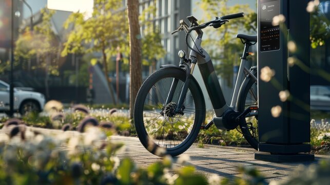 A modern electric bike is plugged into a cutting-edge charging station with a digital display, set amidst a flourishing urban landscape on a sunny day