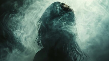 A translucent female figure subtly emerges from swirling mist in a shadowy space, creating a captivating and mystical atmosphere