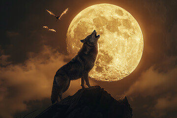 An illustration featuring a full moon with a wolf howling at it, while bats fly near the moon. The scene creates a mystical and eerie atmosphere, capturing the essence of a moonlit night in the wild.