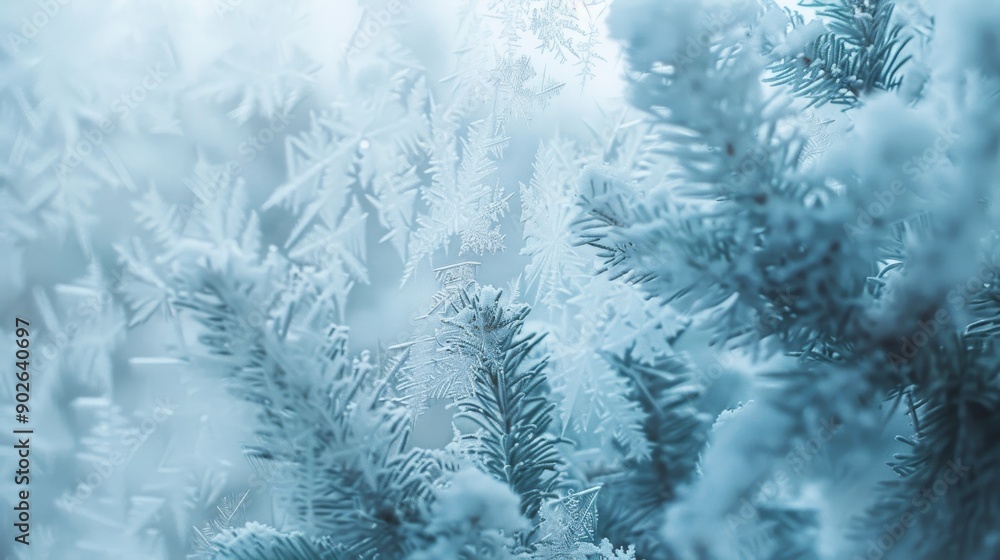 Poster a closeup view through a frosted windowpane reveals intricate frost patterns and evergreen branches,