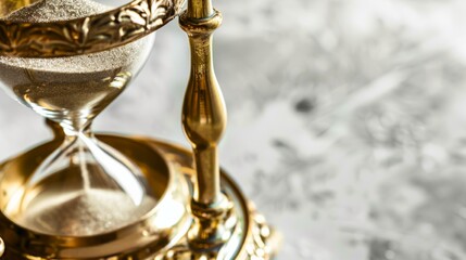 The antique brass hourglass features intricate craftsmanship and fine details, set against a clean white surface, highlighting the beauty of timekeeping