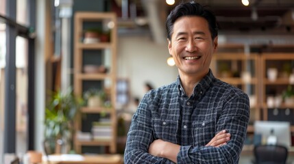 Fototapeta premium A confident Asian entrepreneur stands with arms folded in a stylish office, exuding professionalism and assurance while surrounded by a contemporary workspace