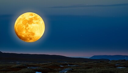 Summer Nightscape: Yellow Moon Illuminating the Arctic Tundra
