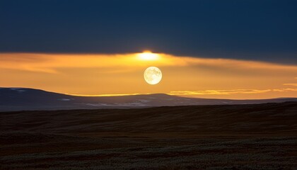 Fototapeta premium Summer Nightscape: Yellow Moon Illuminating the Arctic Tundra