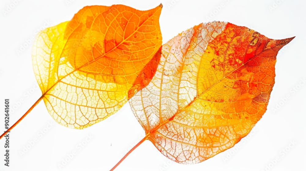 Aufkleber autumn leaves in striking orange and yellow hues float softly, illuminated by sunlight, creating a w