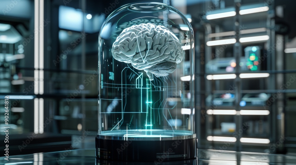 Poster a futuristic ai brain is encased in a sleek transparent container, showcasing glowing neural connect