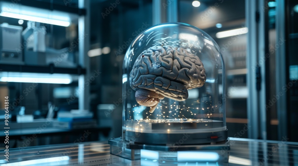 Poster a futuristic ai brain with glowing neural connections is displayed in a high-tech transparent contai