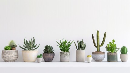 Fototapeta premium A variety of houseplants in decorative pots are arranged neatly on a clean white shelf, creating a fresh and vibrant indoor atmosphere
