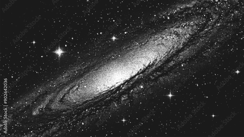 Poster deep space scene background in stippling style with amazing huge glowing spiral galaxy and stars. mi