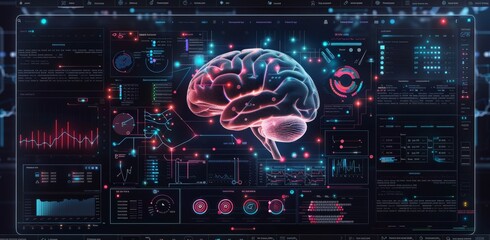 AI system analysis interface displaying brain data and neural connections visualizations