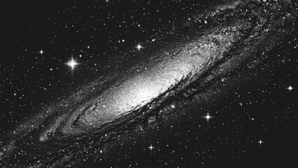 Deep space scene background in stippling style with amazing huge glowing spiral galaxy and stars. Milky Way galaxy. Retro styled dotwork. Pointillism. Noisy grainy dot shading. Vector illustration © 3d_kot